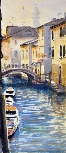 Light above canal of Venice Italy 23x54cm 2020 von Nenad Kojić, Malerei kaufen auf Singulart