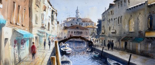 Twilight canal of Venice Italy 23x54cm 2020 van Nenad Kojić, Schilderij te koop op Singulart
