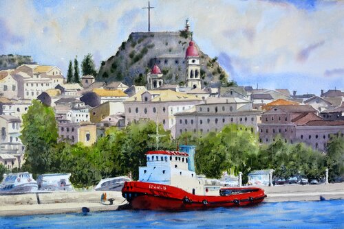 Big red tug-boat Kerkyra Corfu Greece 53x35cm 2020 Nenad Kojić