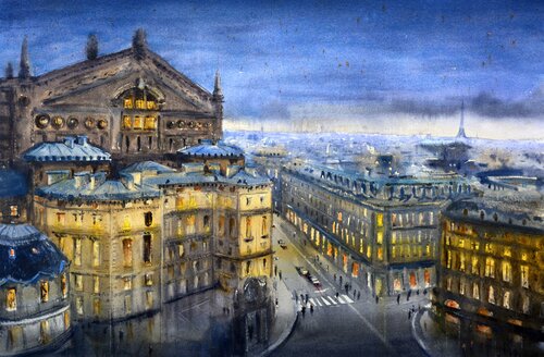 Paris opera house Paris France 53x35cm 2020 di Nenad Kojić, Pittura in vendita su Singulart