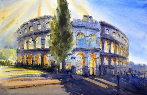 Ancient Roman Amphitheatre Pula Croatia 53x35cm 2020 by Nenad Kojić, Painting for Sale on Singulart