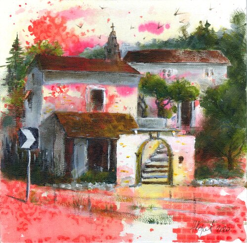 Vines and olive courtyard Gouvia Corfu Greece 20x20cm 2020 de Nenad Kojić, Pintura a la venta en Singulart