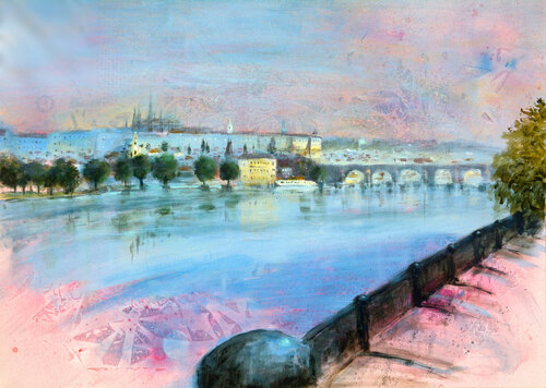 Prague vista in red and blue 70x50cm 2021 von Nenad Kojić, Malerei kaufen auf Singulart