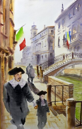 Work with dad Venice Italy 53x35cm 2020 von Nenad Kojić, Malerei kaufen auf Singulart