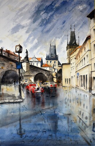 Rain under the Charles Bridge Prague 53x35cm 2020 von Nenad Kojić, Malerei kaufen auf Singulart