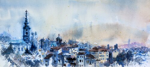 Belgrade old town vista 17x36 cm 2021 von Nenad Kojić, Malerei kaufen auf Singulart
