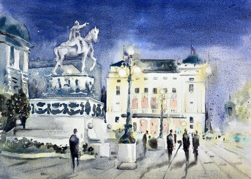 Trg republike nocu Beograd 25x36 cm 2022 van Nenad Kojić, Schilderij te koop op Singulart