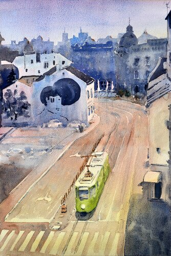 Stari zeleni tramvaj svajcarac Beograd 53x35cm 2022 von Nenad Kojić, Malerei kaufen auf Singulart