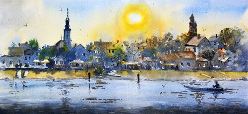 Sunce i Dunav kej Zemun 17x36cm 2022 par Nenad Kojić, Peinture en vente sur Singulart
