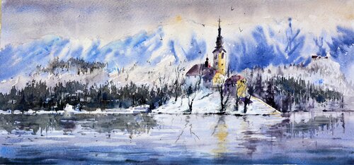 Bled Lake Slovenia #40 17x36cm 2022 smal drawing von Nenad Kojić, Malerei kaufen auf Singulart
