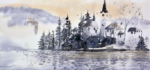 Bled Lake Slovenia #41 17x36cm 2022 smal watercolour von Nenad Kojić, Malerei kaufen auf Singulart