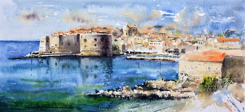 Dubrovnik Stari grad Panorama Dubrovnik 17x36cm 2022 di Nenad Kojić, Pittura in vendita su Singulart