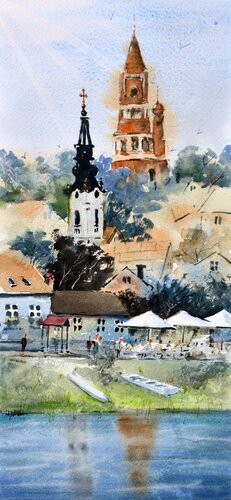 Dunavski kej Zemun 17x36cm 2022 van Nenad Kojić, Schilderij te koop op Singulart