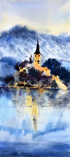 Bled Lake Slovenia #42 17x36cm 2022 smal watercolour von Nenad Kojić, Malerei kaufen auf Singulart