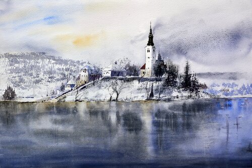 Bledsko jezero Bled Slovenija 53x35cm 2022 van Nenad Kojić, Schilderij te koop op Singulart