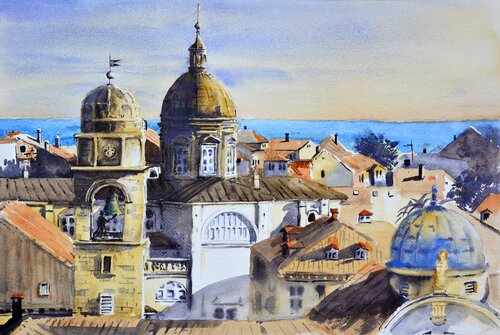 Panorama krovovi Dubrovnik Croatia 53x35cm 2022 by Nenad Kojić, Painting for Sale on Singulart