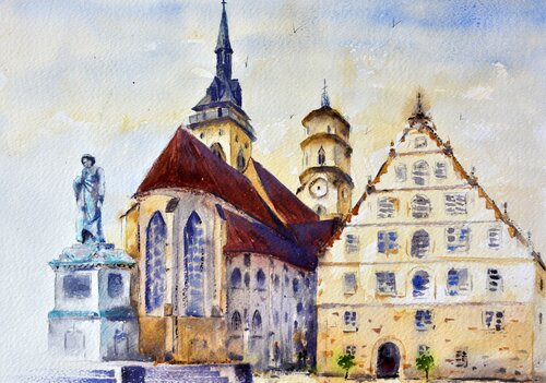 Schillerplatz chg. Stuttgart Germany 25x36 cm 2022 von Nenad Kojić, Malerei kaufen auf Singulart