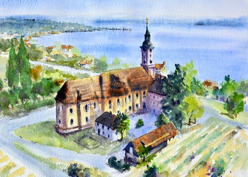 Wallfahrtskirche Birnau mit blick auf den Bodensee Germany 25x36 cm 2022 van Nenad Kojić, Schilderij te koop op Singulart