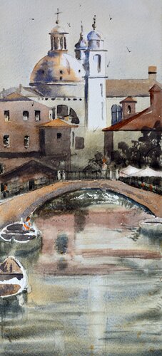 Venice Canal boat and bridge Venice Italy 17x36 cm 2022 van Nenad Kojić, Schilderij te koop op Singulart