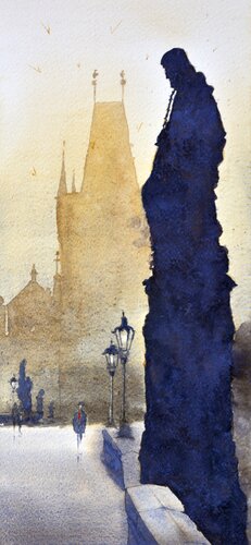 Prague Charles Bridge atmosphere 17x36 cm 2022 von Nenad Kojić, Malerei kaufen auf Singulart