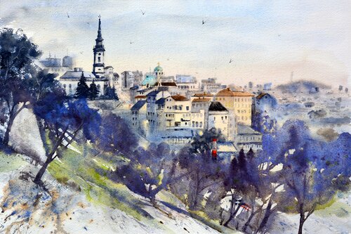 Pogled na krovove sa Kalemegdana Beograd 53x35cm 2022 van Nenad Kojić, Schilderij te koop op Singulart