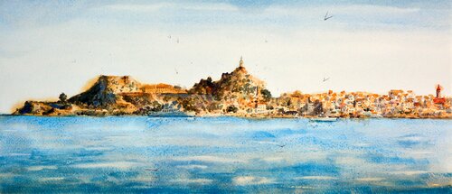 Corfu island Kerkyra Greece skyline 23x54cm 2022 de Nenad Kojić, Pintura a la venta en Singulart