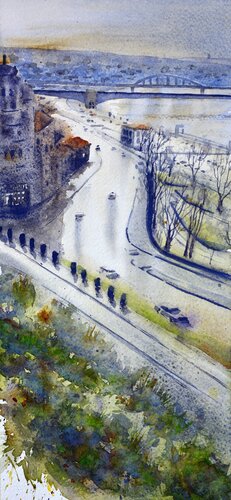 Blue Bridges panorama Belgrade 17x36 cm 2022 by Nenad Kojić, Painting for Sale on Singulart