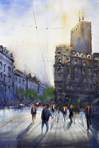 Hurry hour near London crossroads Old Town Belgrade 36x54 cm 2022 van Nenad Kojić, Schilderij te koop op Singulart