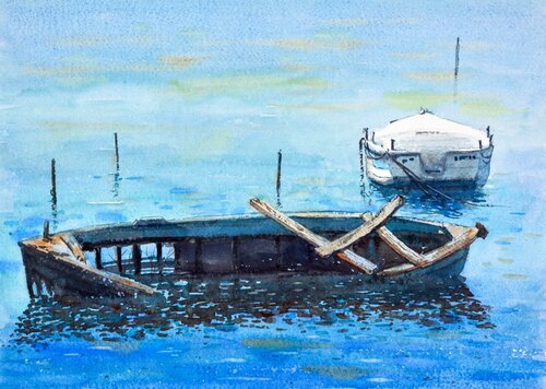 Boats of Corfu island Kerkyra Greece 25x36cm 2022 de Nenad Kojić, Pintura a la venta en Singulart