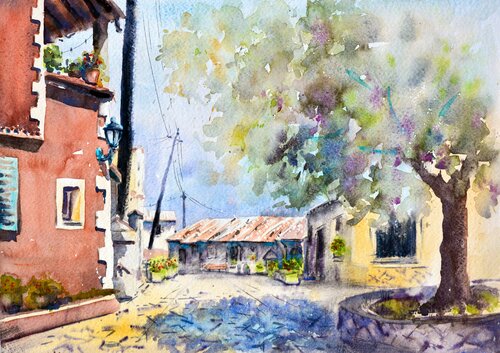 Krini Old Town square Corfu Kerkyra Greece 25x36cm 2022 von Nenad Kojić, Malerei kaufen auf Singulart