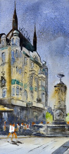 Another day before Hotel Moskva Terazije Belgrade 17x36 cm 2022 von Nenad Kojić, Malerei kaufen auf Singulart
