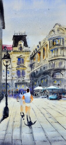 Immense mans Fountain in Knez Mihailova Street Belgrade 17x36 cm 2022 von Nenad Kojić, Malerei kaufen auf Singulart