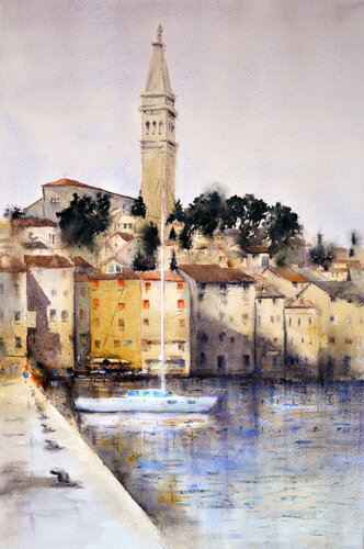 Bela ladja na Jadranskom moru Rovinj Hrvatska 35x54cm 2023 van Nenad Kojić, Schilderij te koop op Singulart