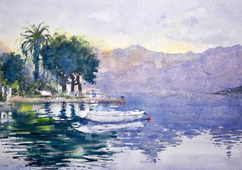 Sunset at Muo Kotor Montenegro 25x36 cm 2023 van Nenad Kojić, Schilderij te koop op Singulart