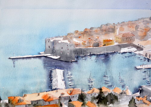 Sunny day above Dubrovnik Croatia 25x36 cm 2024 di Nenad Kojić, Pittura in vendita su Singulart