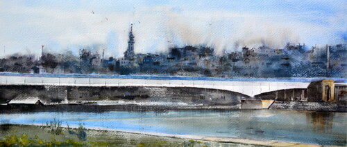 Blue day at Brankos bridge Belgrade 23x54 cm 2024 van Nenad Kojić, Schilderij te koop op Singulart