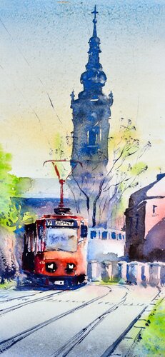 Red tram in old town Belgrade 17x36 cm 2022 von Nenad Kojić, Malerei kaufen auf Singulart