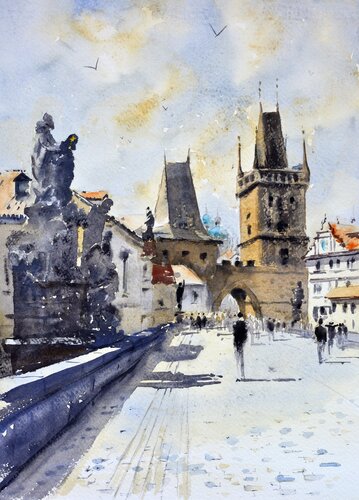 High sun at Charles bridge Prague 25x36 cm 2022 van Nenad Kojić, Schilderij te koop op Singulart