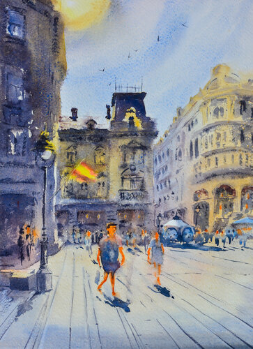 Under yellow-red flag Belgrade 25x36 cm 2022 van Nenad Kojić, Schilderij te koop op Singulart