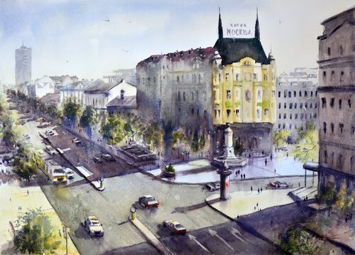 Top view of Terazije square Belgrade 74x54cm 2022 di Nenad Kojić, Pittura in vendita su Singulart