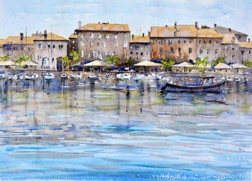 Boat line at high sun Rovigno Croatia 25x36cm 2022 di Nenad Kojić, Pittura in vendita su Singulart