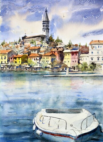 Old town skyline with boat Rovigno Croatia 25x36cm 2022 von Nenad Kojić, Malerei kaufen auf Singulart