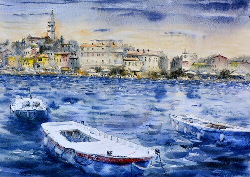 Rovigno old town skyline with boats Croatia 25x36cm 2022 di Nenad Kojić, Pittura in vendita su Singulart