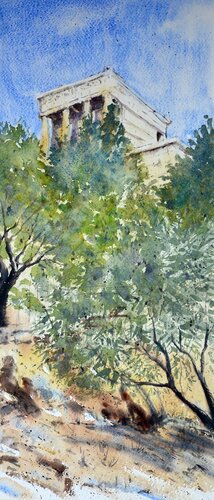 Olive tree and Acropolis Athens Greece 23x54cm 2022 von Nenad Kojić, Malerei kaufen auf Singulart