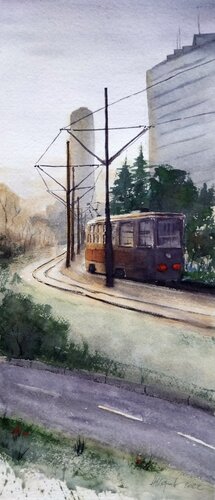Prvi jutarnji tramvaj Novi Beograd 23x54cm 2022 di Nenad Kojić, Pittura in vendita su Singulart