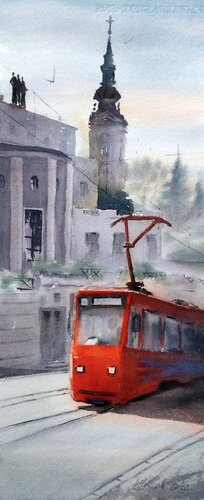 Crveni Tramvaj u Beogradu 23x54cm 2023 van Nenad Kojić, Schilderij te koop op Singulart