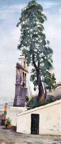 Church and tree Corfu Greece 23x54cm 2022 van Nenad Kojić, Schilderij te koop op Singulart