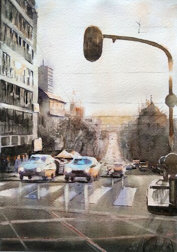 Sunset at Kneza Milosa Belgrade 25x36 cm 2024 von Nenad Kojić, Malerei kaufen auf Singulart