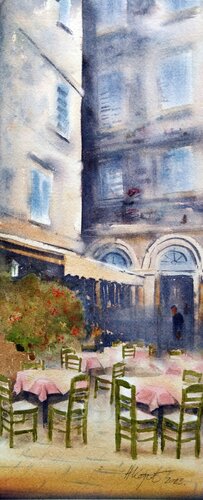 Small restaurant with green chairs Corfu Greece 23x54cm 2023 by Nenad Kojić, Painting for Sale on Singulart