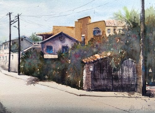 Corner house Gouvia Corfu Greec 25x36 cm 2022 by Nenad Kojić, Painting for Sale on Singulart